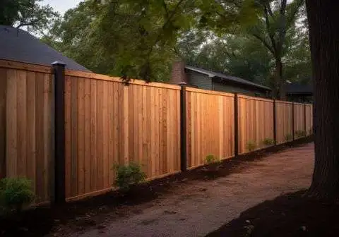 A sturdy and modern wood fence newly installed in Johnson City, TN, showcasing the natural wood grain and professional craftsmanship, providing privacy and boundary for a residential property, ideal for a website thumbnail.