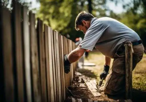 Man diligently repairing a damaged fence in Johnson City, TN.