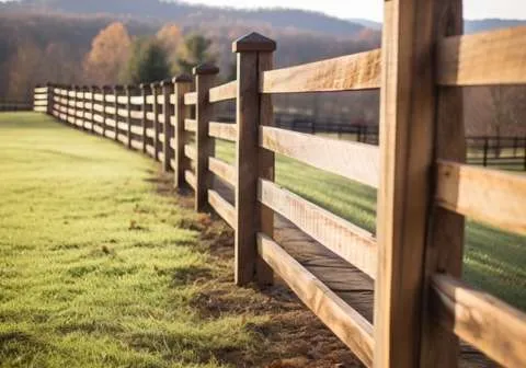 A high-resolution thumbnail of a new, custom split rail fence crafted from designer wood, showcasing unique patterns and professional craftsmanship, located in Johnson City, TN, blending modern and rustic aesthetics.