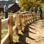 A clear, high-resolution thumbnail image focusing on a new split rail fence being professionally installed in a residential side yard, with workers actively engaged in the project, visible in the distance.