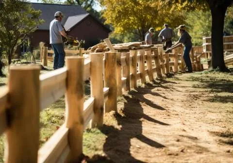 A clear, high-resolution thumbnail image focusing on a new split rail fence being professionally installed in a residential side yard, with workers actively engaged in the project, visible in the distance.