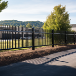 A modern and sturdy commercial fence newly installed in Johnson City, Tennessee, highlighting professional craftsmanship and design, set against a business property landscape for a website banner.