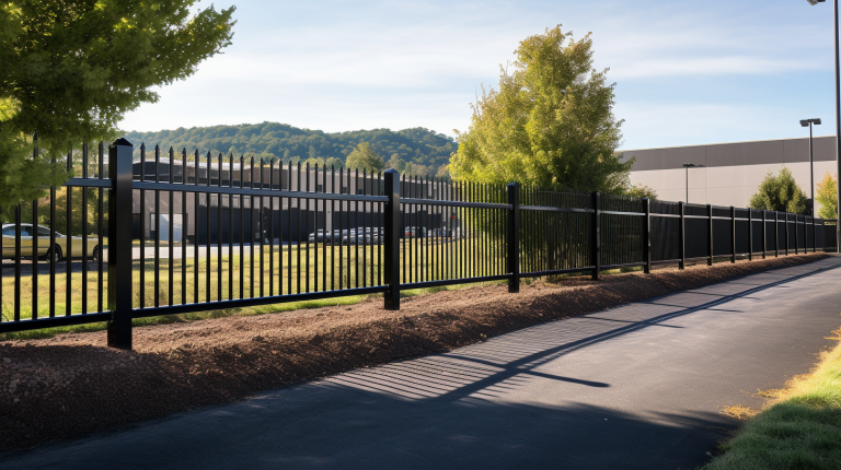 A modern and sturdy commercial fence newly installed in Johnson City, Tennessee, highlighting professional craftsmanship and design, set against a business property landscape for a website banner.