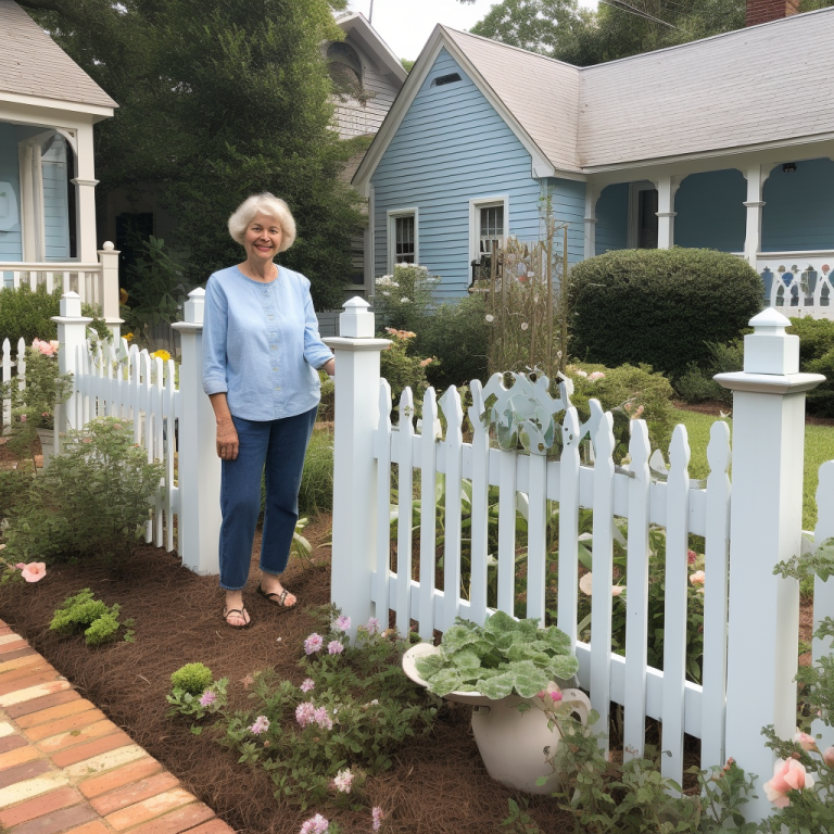 Elderly woman smiling next to her new white picket fence in Johnson City, TN.